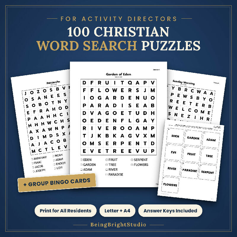 Extra Large Print Christian Word Search for Activity Directors, 100 Printable Puzzles, Bonus Bingo Cards