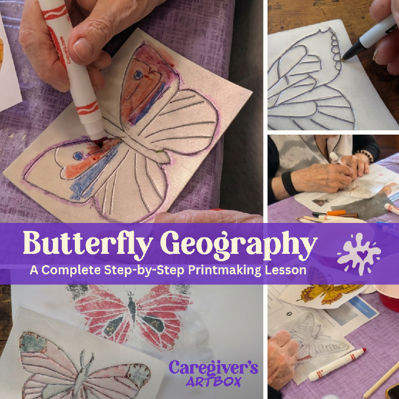 Butterfly Geography Printmaking Lesson for Seniors | Assisted Living & Memory Care Art Activity