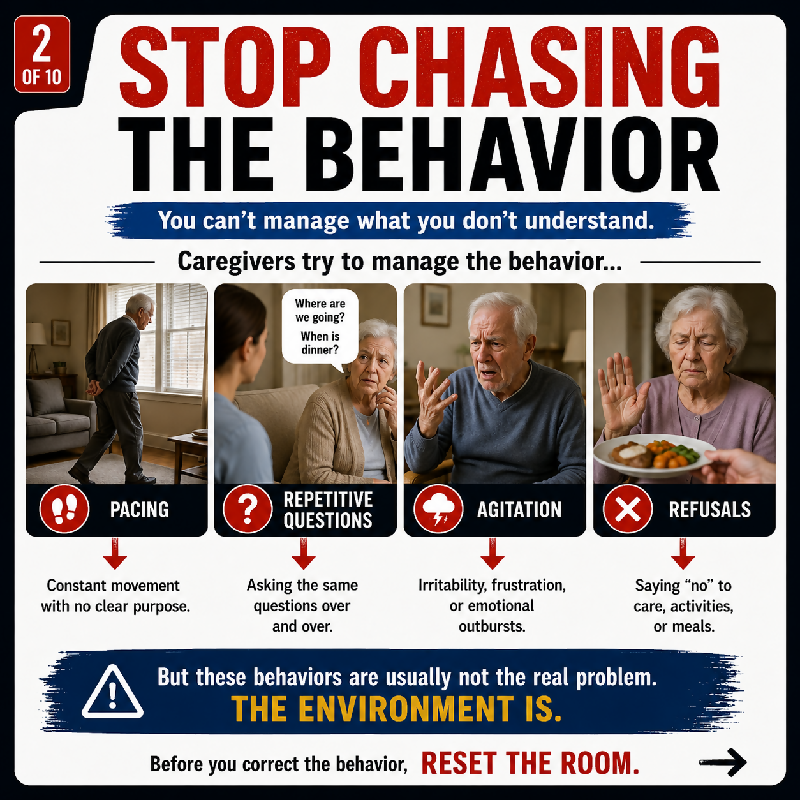 Stop chasing the behavior — dementia behaviors pacing repetitive questions agitation refusals — these behaviors are usually not the real problem the environment is — reset the room Fix the Room Not the Behavior guide