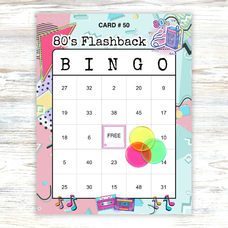 80's Flashback Bingo, Include Number Calling Cards, Bingo Bucks, Markers, and 50 Retro Themed Printable Boards, Senior's Birthday Party Game