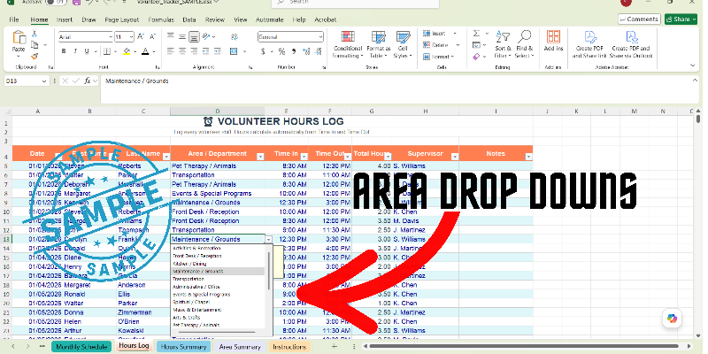Volunteer Hours Tracker & Schedule Spreadsheet | Excel Google Sheets | Nursing Home Senior Living Nonprofit Activities Director Template