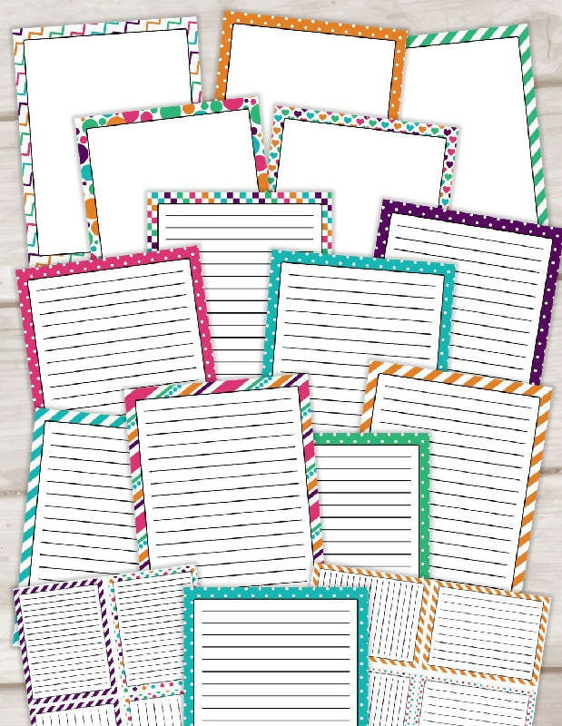 Printable Stationary for Writing Activities, Letter Writing/ Penpal's or Crafts, Borders, Lined Pages, and Lined 1/4 Page Cards, Desk Notes, Rainbow Border Bundle