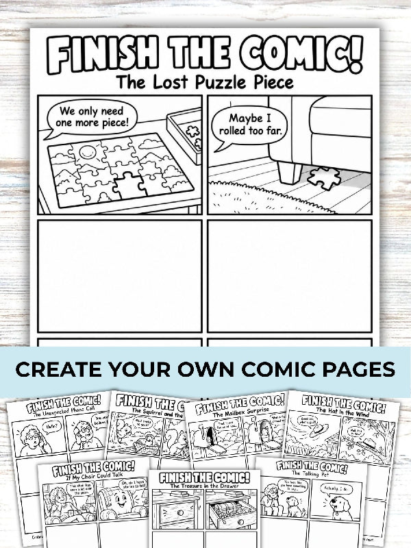 Finish the Comic, Create a Comic Book Coloring Page, Writing and Drawing Activity, 40 Story Panels, Printable Pages