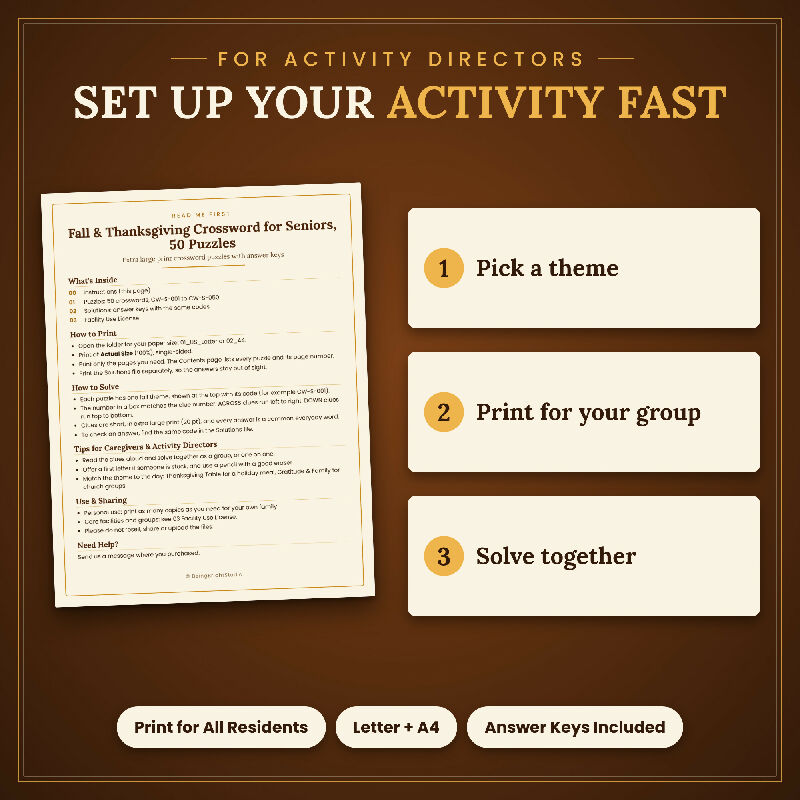 Fall Thanksgiving Crossword for Seniors, 50 Extra Large Print Puzzles, Answer Keys, US Letter and A4