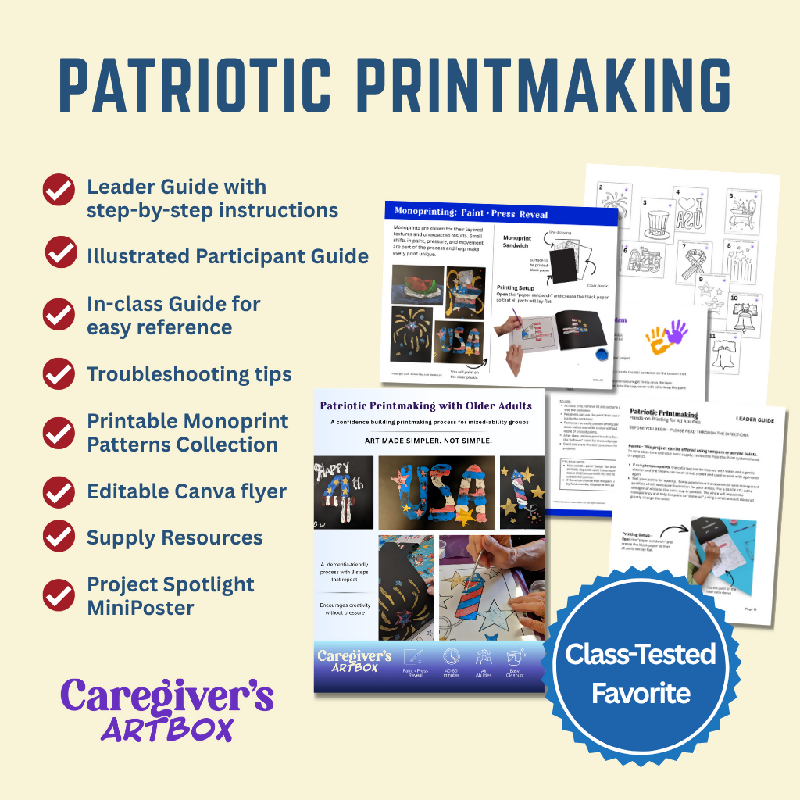 Patriotic Printmaking printable lesson featuring illustrated instructions, printable monoprint patterns, participant guide, troubleshooting tips, Canva flyer, and supply resources.