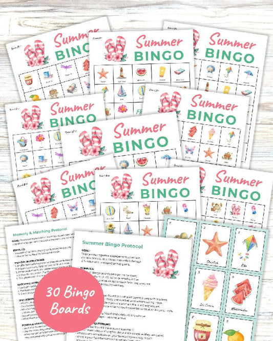 Printable Summer Bingo Game, 30 Boards with Calling Cards, Protocols for Bingo & Matching Game. No Prep, Print and Play Activity