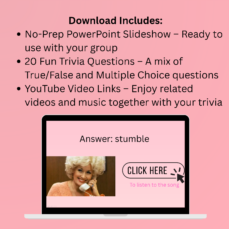 Dolly Parton Trivia Game for Seniors | Senior Living Activity | Country Music Trivia PowerPoint | Recreation Therapy