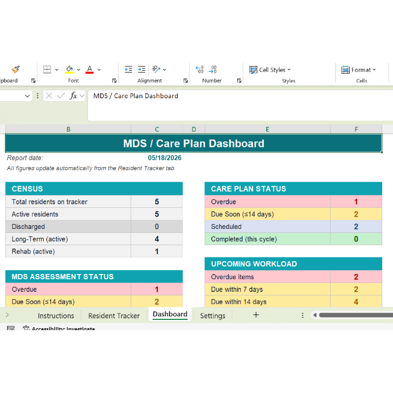 MDS Care Plan Tracker Excel Template | Nursing Home mds Coordinator Tool | R.A.I Schedule, Due Dates, Dashboard | SNF LTC