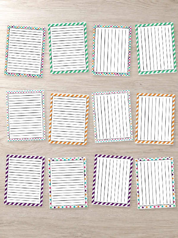 Printable Stationary for Writing Activities, Letter Writing/ Penpal's or Crafts, Borders, Lined Pages, and Lined 1/4 Page Cards, Desk Notes, Rainbow Border Bundle