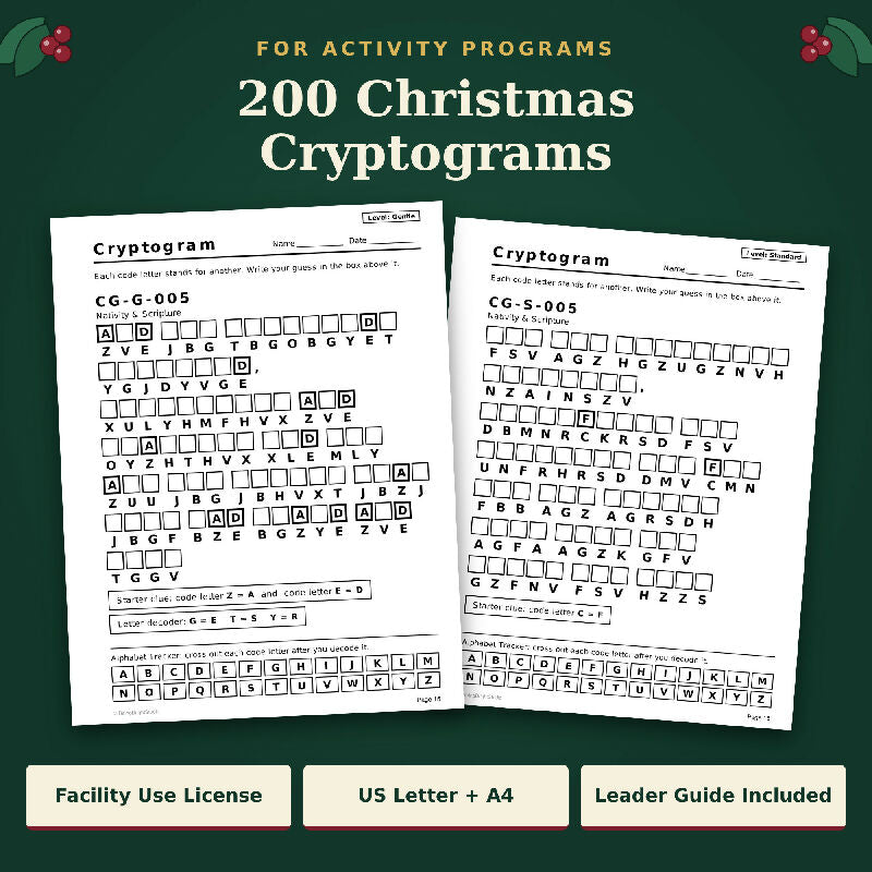 Christmas Cryptograms: 200 Large Print Puzzles in 2 Levels for Group Activities (Printable PDF, Letter + A4)