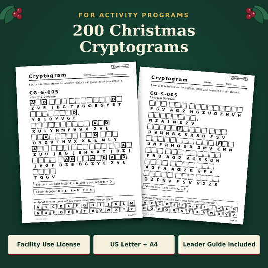 Christmas Cryptograms: 200 Large Print Puzzles in 2 Levels for Group Activities (Printable PDF, Letter + A4)