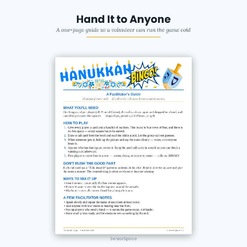 Hanukkah Bingo, 25 Printable Cards, Chanukah Call Cards with Clues, Discussion Cards, Instant Download