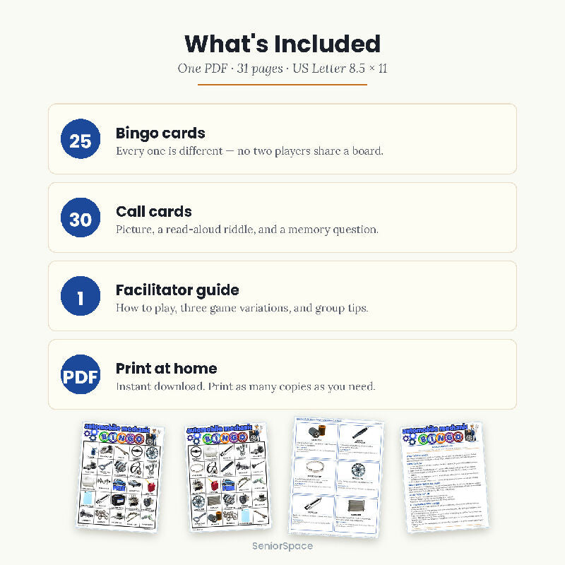 Mechanic Bingo for Seniors, Men's Club Activity, 25 Printable Cards, Call Cards with Clues, Nursing Home Game, Download PDF