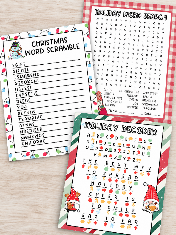 Christmas Word Game Puzzle Printable Worksheet Bundle, Holiday Word Search, Word Scramble and Decoder Secret Message, Festive Party Activity