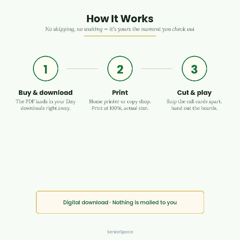 St Patrick's Day Bingo for Seniors, 25 Printable Cards, Call Cards with Clues, Memory Care Activity, Discussion cues, Instant Download
