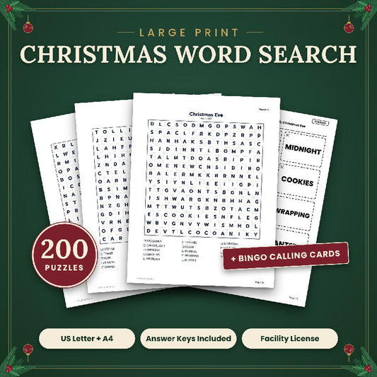 200 Large Print Christmas Word Searches + Bingo Calling Cards – Group Activity Set