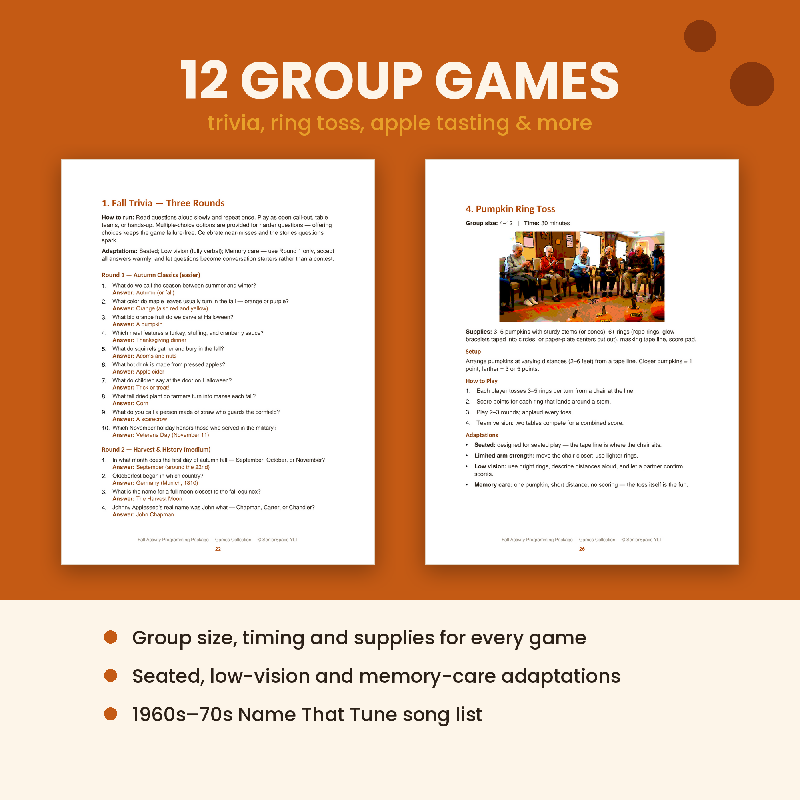 Fall Activity Programming Package for Senior Living, 13 Week Calendar, Memory Care Activities, Games Crafts Puzzles & Large Print Bingo
