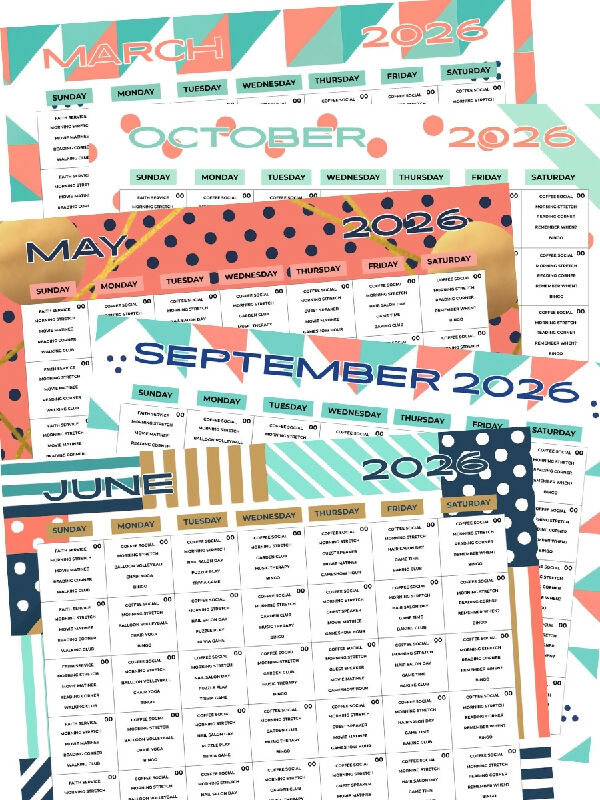 12 Month Gold, Coral & Mint Geometric Calendar Templates Floral Undated