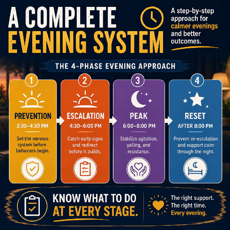 A complete evening system — 4-phase sundowning approach — Phase 1 Prevention 3:30–4:30 PM Phase 2 Escalation 4:30–6:00 PM Phase 3 Peak 6:00–8:00 PM Phase 4 Reset after 8:00 PM — know what to do at every stage