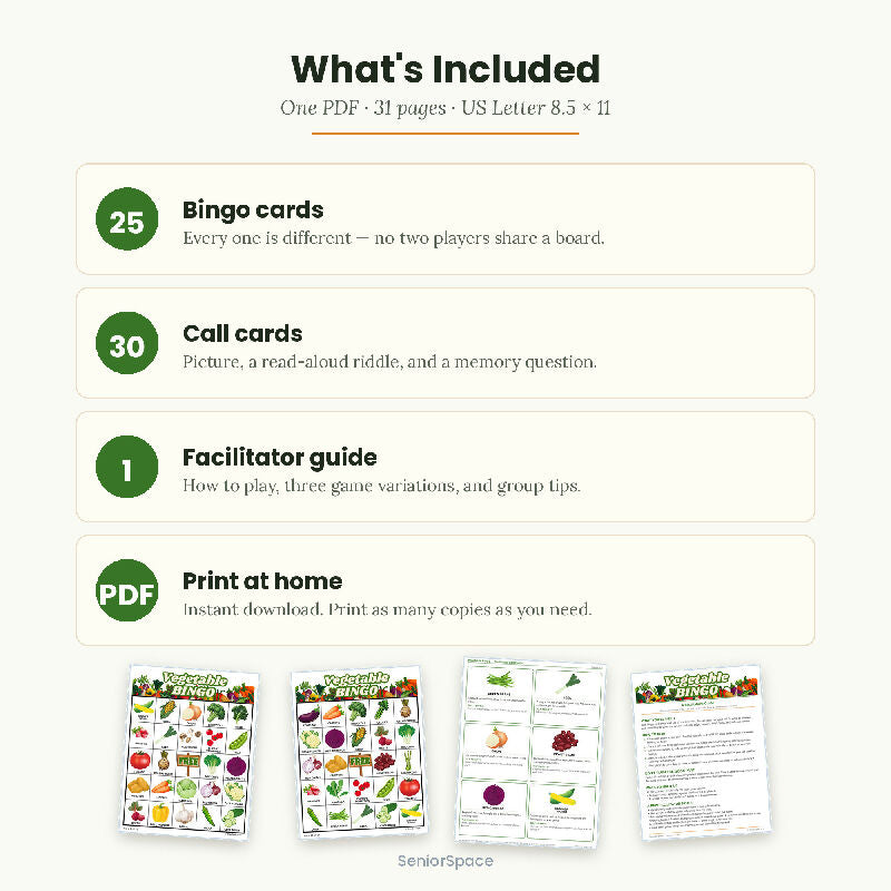 Vegetable Bingo for Seniors, 25 Printable Cards, Call Cards with Clues, Memory Care Activity, Nutrition Program, Instant Download