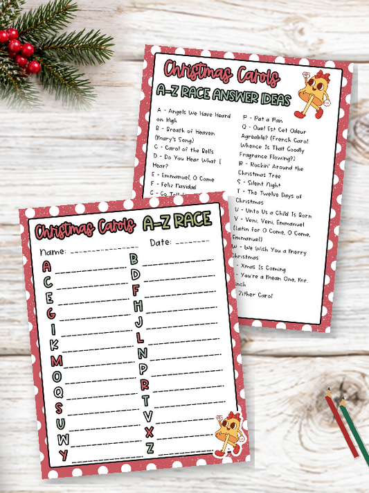 A-Z Word Race Party Games, Christmas Carol or Holiday Theme Words
