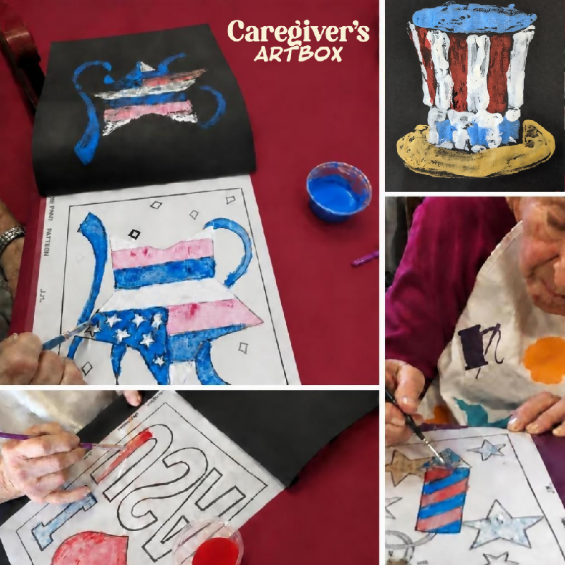 Older adults creating patriotic monoprints using simple printable patterns, paint, and printing techniques designed for mixed-ability art groups.