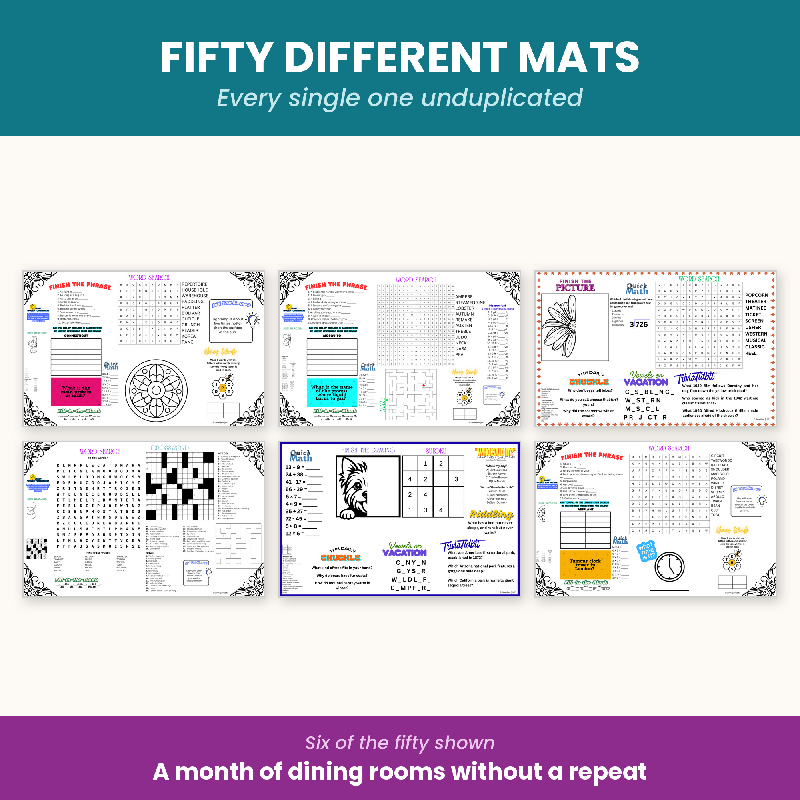 50 Activity Placemats for Seniors, Large Print Puzzles, Nursing Home Activity Director Printable, Memory Care Digital Download