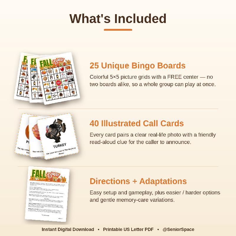 Fall Bingo for Seniors, Large Print Autumn Bingo Printable, Memory Care & Dementia Activity, Thanksgiving Game, 25 Boards + 40 Call Cards