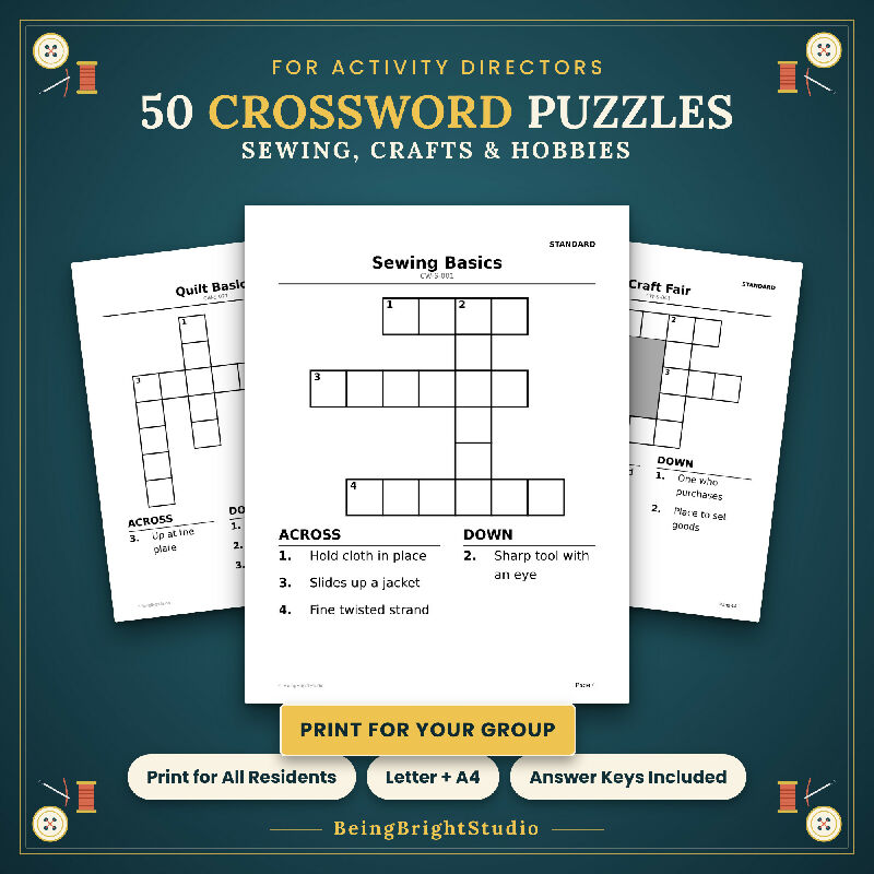Sewing, Crafts and Hobbies Crossword Puzzles for Activity Directors, Extra Large Print, 50 Printable PDF Puzzles, Answer Keys