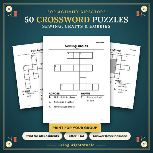 Sewing, Crafts and Hobbies Crossword Puzzles for Activity Directors, Extra Large Print, 50 Printable PDF Puzzles, Answer Keys