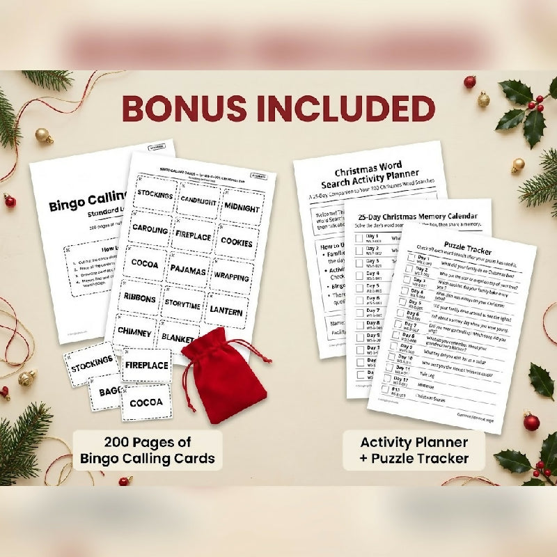 200 Large Print Christmas Word Searches + Bingo Calling Cards – Group Activity Set