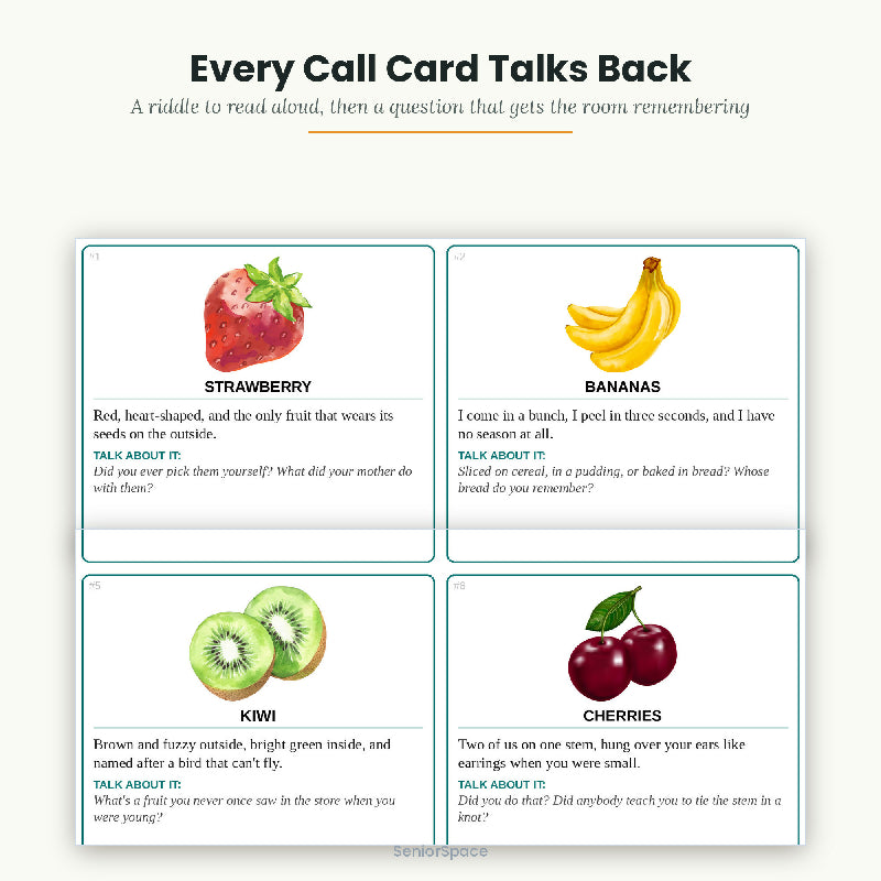 Fruit and Vegetable Bingo for Seniors, 25 Printable Cards, 58 Call Cards with Clues, Memory Care Activity, Instant Download