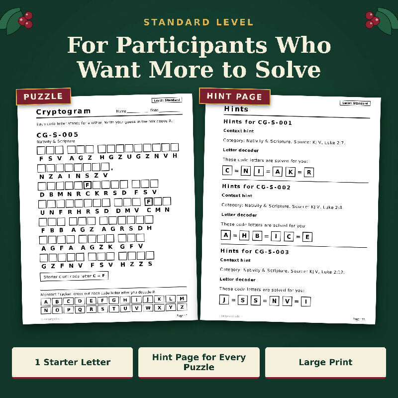Christmas Cryptograms: 200 Large Print Puzzles in 2 Levels for Group Activities (Printable PDF, Letter + A4)