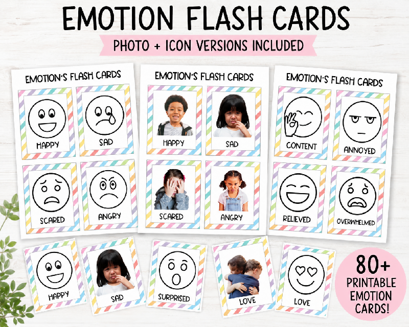 Emotion Flashcards 2 Versions, Photo Facial Expressions & Emotions Icon