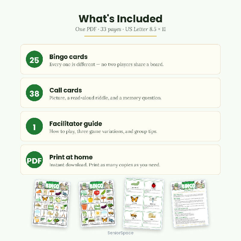 Gardening Bingo for Seniors, 25 Printable Cards, Call Cards with Clues, Memory Care Activity, Nursing Home, Instant Download