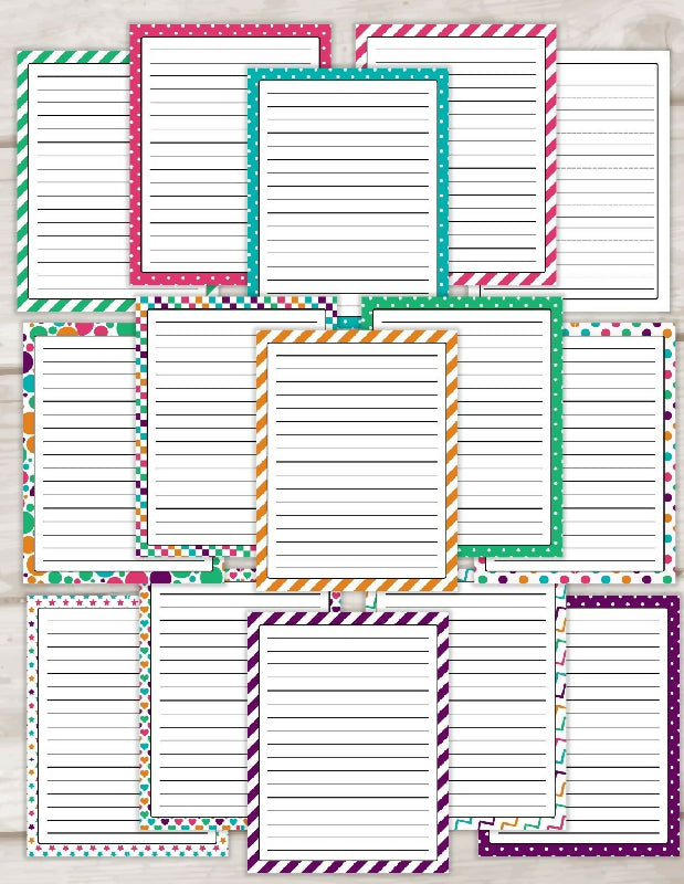 Printable Stationary for Writing Activities, Letter Writing/ Penpal's or Crafts, Borders, Lined Pages, and Lined 1/4 Page Cards, Desk Notes, Rainbow Border Bundle