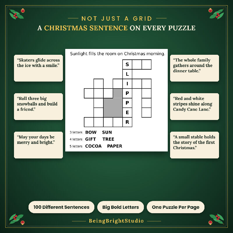 Extra Large Print Christmas Word Fill In for Seniors, 100 Printable Puzzles, Bonus Planner
