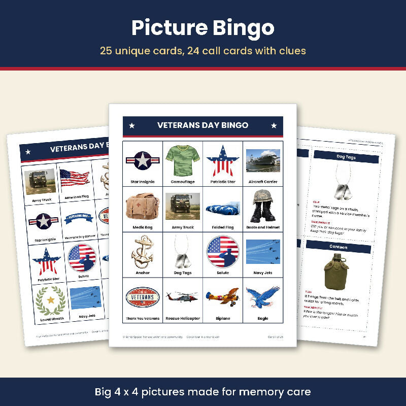 Veterans Day Activities for Seniors, Printable Program Pack, Picture Bingo, Trivia, Ceremony Script, Memory Care, Activity Director PDF