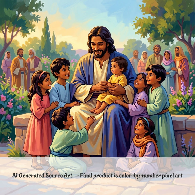 Jesus and the Children Collaborative Color by Number | Giant Group Activity Poster | Biblical Art | Watercolor Style