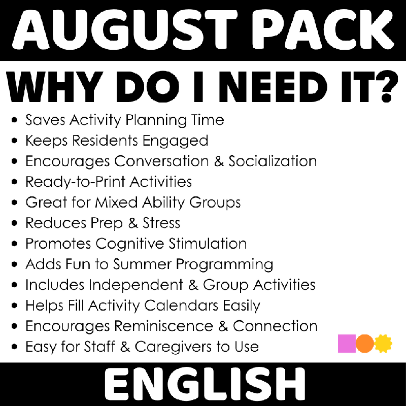 August Activities for Seniors Bundle | Summer Activities, Games, Trivia, Bingo, Crafts, Reminiscence, Conversation Starters, Cognitive Stimulation, Assisted Living, Nursing Home, Memory Care & Senior Center Activities