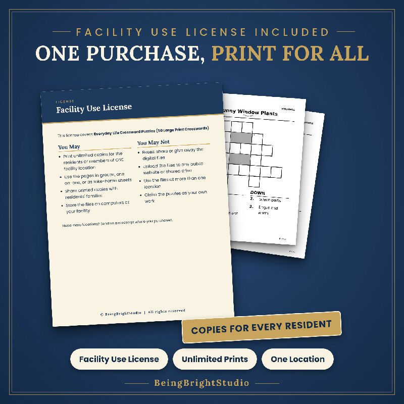 Large Print Crossword Puzzles for Seniors, 50 Printable Everyday Themes, Activity Director Handouts, Letter A4
