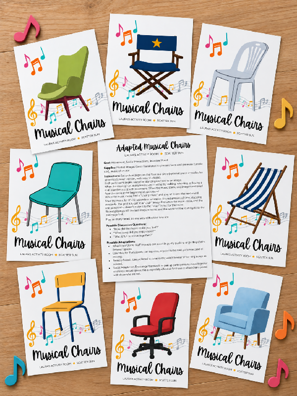 Adaptive Musical Chairs, Use with Real Chairs or Adaptive Printables for Protocol - Mixed Abilities Group Game, Adaptable to Wheelchairs and Limited Ability