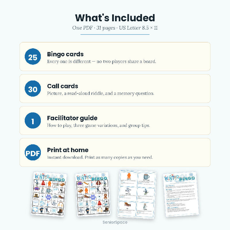 Winter Picture Bingo 25 Printable Cards, Call Cards with Clues, Memory Care Activity, Reminisce Cards, Instant Download