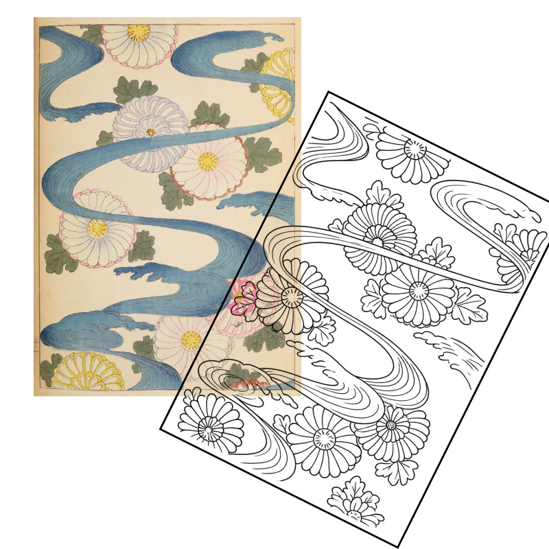 Shin-Bijutsukai Japanese Adult Coloring Book | Meiji Era Woodblock Prints & Floral Patterns | Dementia Activity | Art Therapy