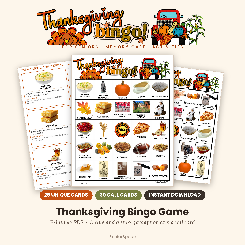 Thanksgiving Picture Bingo, 25 Printable Cards, Call Cards with Clues, Discussion Questions