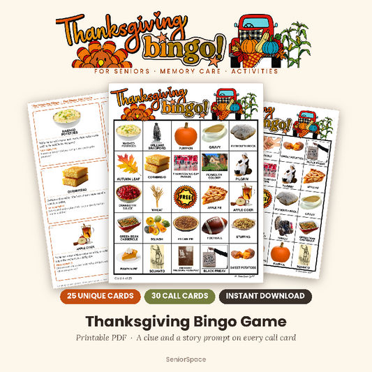 Thanksgiving Picture Bingo, 25 Printable Cards, Call Cards with Clues, Discussion Questions