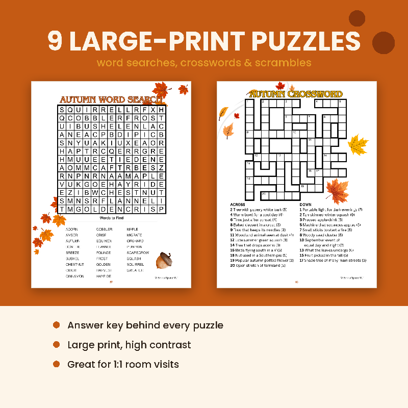 Fall Activity Programming Package for Senior Living, 13 Week Calendar, Memory Care Activities, Games Crafts Puzzles & Large Print Bingo