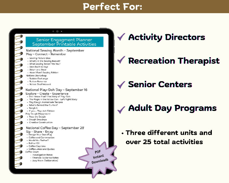 September September Activity Plans for Seniors | Done-for-You National Sewing Month, Play-Doh Day & Coffee Day Engagement Activities for Senior Living