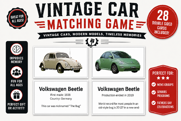 vintage car matching game for seniors, mens groups or fathersday celebrations
