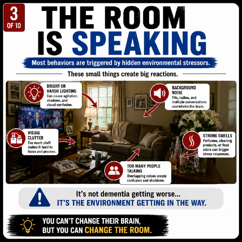 The room is speaking — hidden environmental stressors that trigger dementia behaviors — bright harsh lighting background noise visual clutter too many people talking strong smells — you can't change their brain but you can change the room